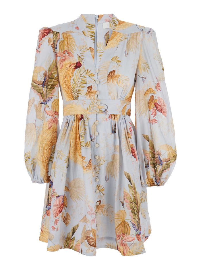 Ascension Light Blue Mini Dress With Flared Skirt And All-Over Print Linen Woman