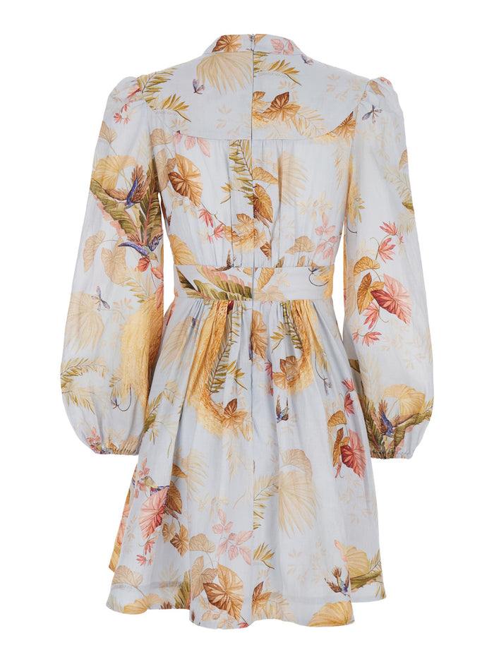 Ascension Light Blue Mini Dress With Flared Skirt And All-Over Print Linen Woman