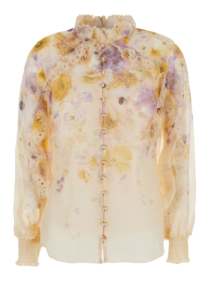Multicolor Blouse With Floral Print And Ruched Details Silk Linen Woman Shirts Blouses