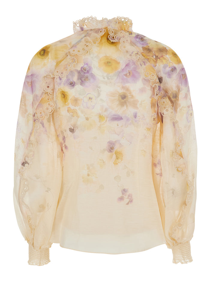Multicolor Blouse With Floral Print And Ruched Details Silk Linen Woman Shirts Blouses