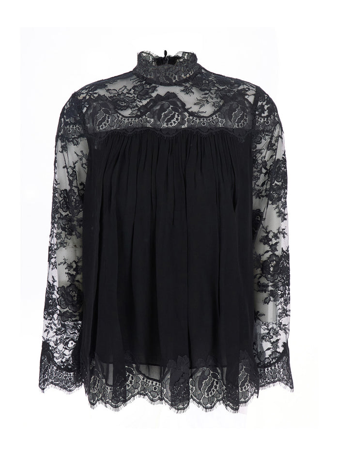 Black Blouse With High Neck And Lace Panels Viscose Woman Shirts Blouses