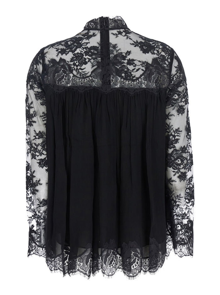 Black Blouse With High Neck And Lace Panels Viscose Woman Shirts Blouses