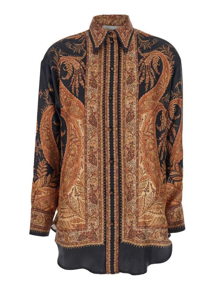Multicolor Shirt With Pointed Collar And Paisley Motif Silk Woman Blouses