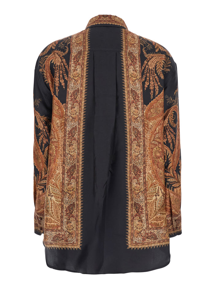 Multicolor Shirt With Pointed Collar And Paisley Motif Silk Woman Blouses