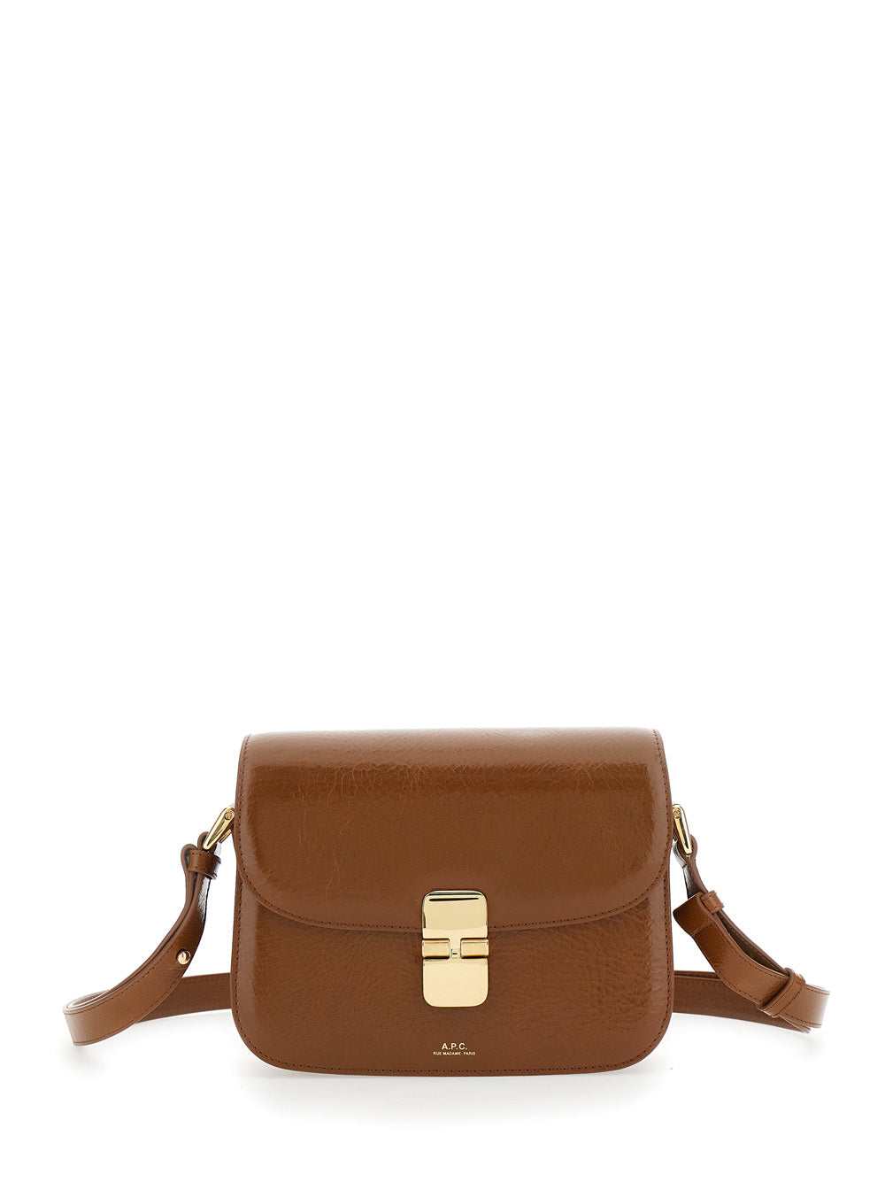 Grance Brown Small Crossbody Bag wirh Embossed Logo Lettering on the Front and Adjustable Shoulder Strap in Hammered Leather Woman Calf