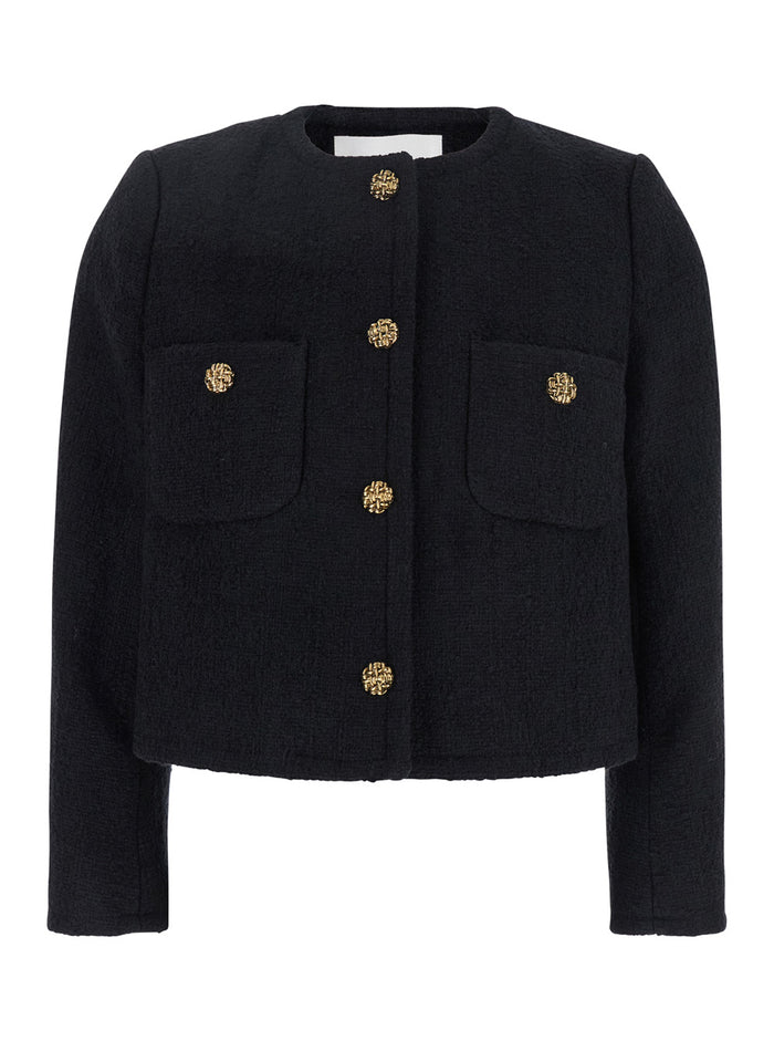 Meredith Black Crop Jacket With Round Neck And Metal Buttons Cotton Wool Blend Woman Blazers