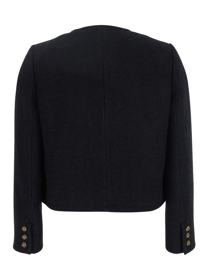 Meredith Black Crop Jacket With Round Neck And Metal Buttons Cotton Wool Blend Woman Blazers