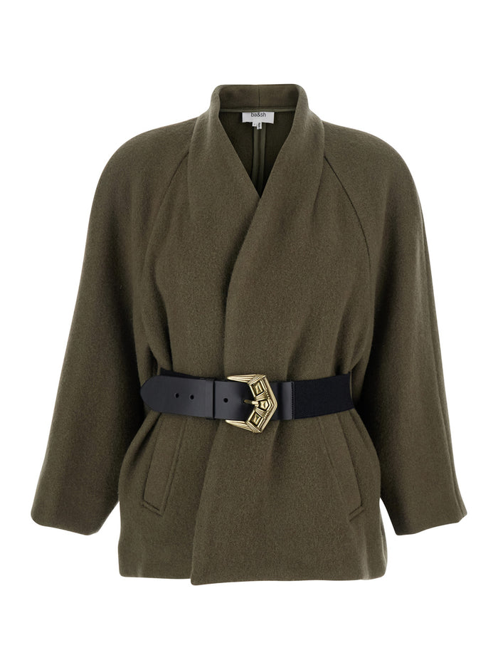 Hini Green Jacket With Shawl Collar And Front Belt Closure Wool Woman