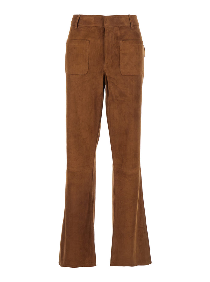 Beige Pants With Belt Loops And Applied Pockets Suede Woman Brown Leather Trousers