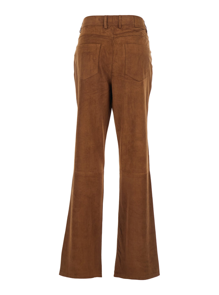 Beige Pants With Belt Loops And Applied Pockets Suede Woman Brown Leather Trousers