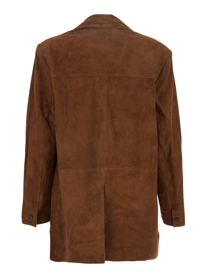 Mosty Brown Single-Breasted Jacket With Peak Revers Suede Woman Goat Blazers