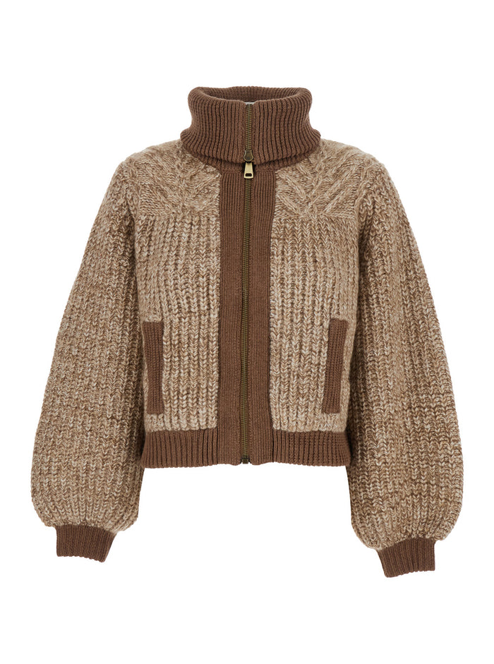 Rabel Brown Cardigan With High Neck And Woven Design Wool Blend Woman Polyamide Mohair Alpaca Jersey