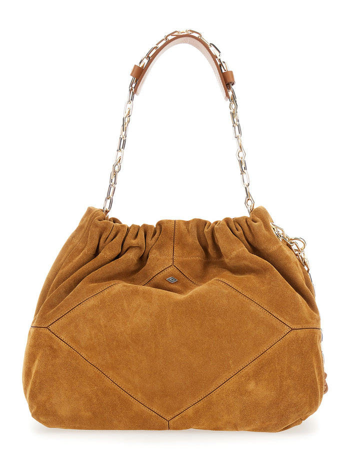 Beige Shoulder Bag With Chain Strap And Front Logo Suede Woman