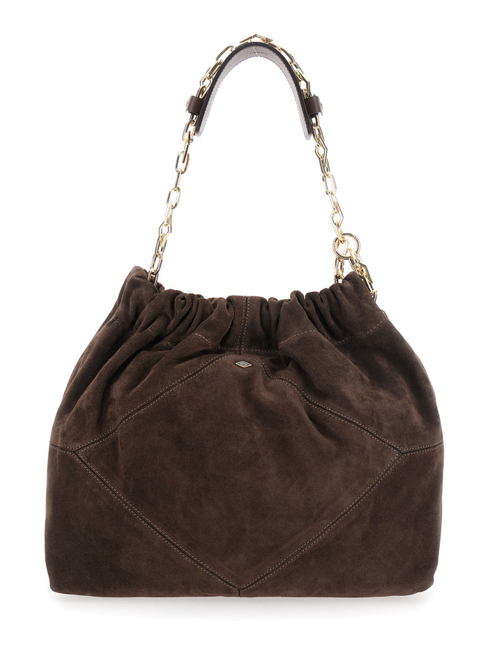 Brown Shoulder Bag With Chain Strap And Front Logo Suede Woman