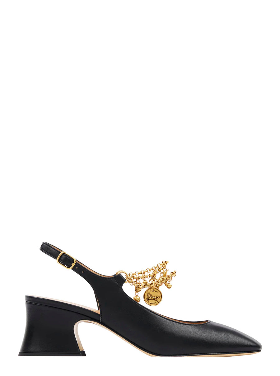Black Pumps With Logo Charm And Wide Heel Calf