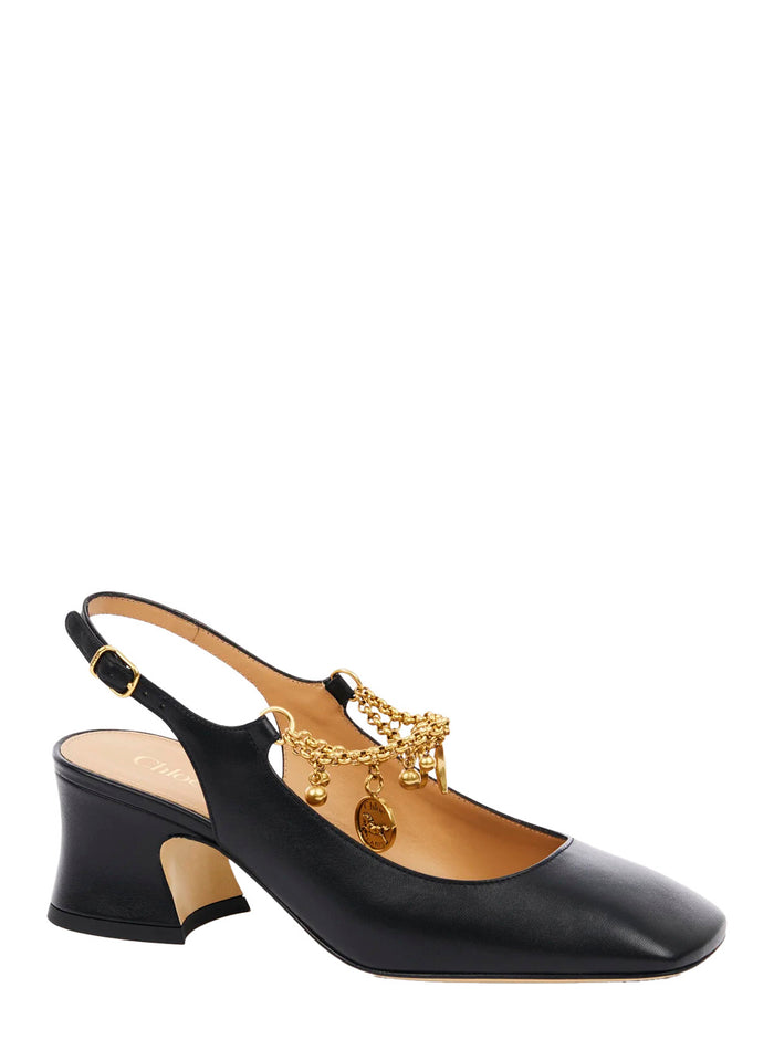 Black Pumps with Decorative Logo Charm and Wide Heel in Leather Woman Calf Heels