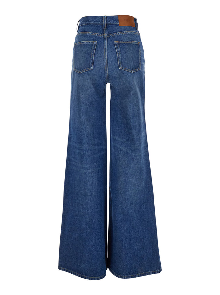 Blue HIgh Waisted Jeans with Wide Leg and Logo Patch on the Rear in Denim Woman Blu Cotton