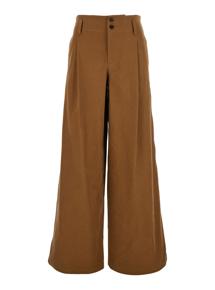 Brown Pants with Belt Loops and Wide Leg in Cotton Woman Trousers