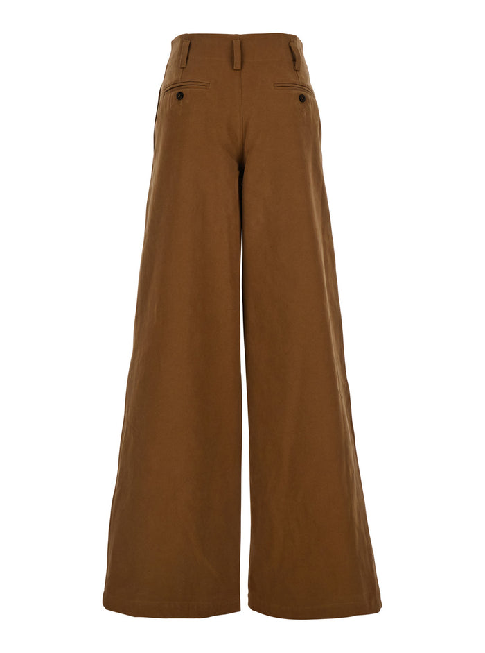 Brown Pants with Belt Loops and Wide Leg in Cotton Woman Trousers