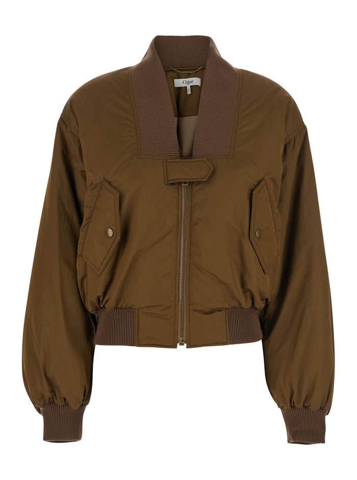 Brown Bomber Jacket with V Neck and Front Zip Closure in Tech Fabric Woman Polyester Polyamide Outerwear