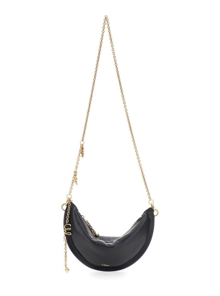 Black Shoulder Bag With Chain Strap And Half Moon Design Leather Woman Lamb