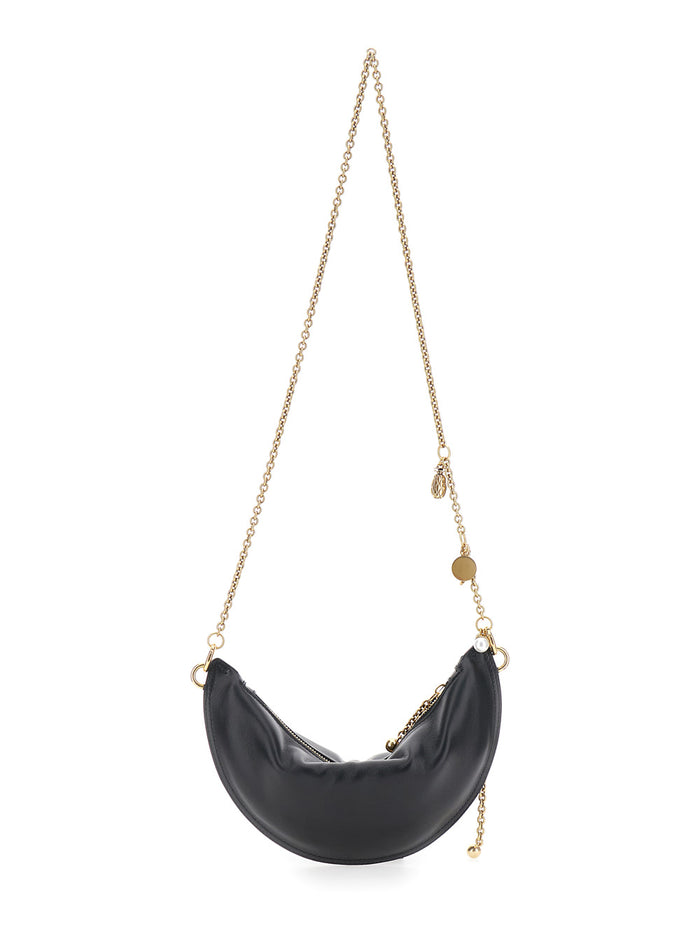 Black Shoulder Bag With Chain Strap And Half Moon Design Leather Woman Lamb