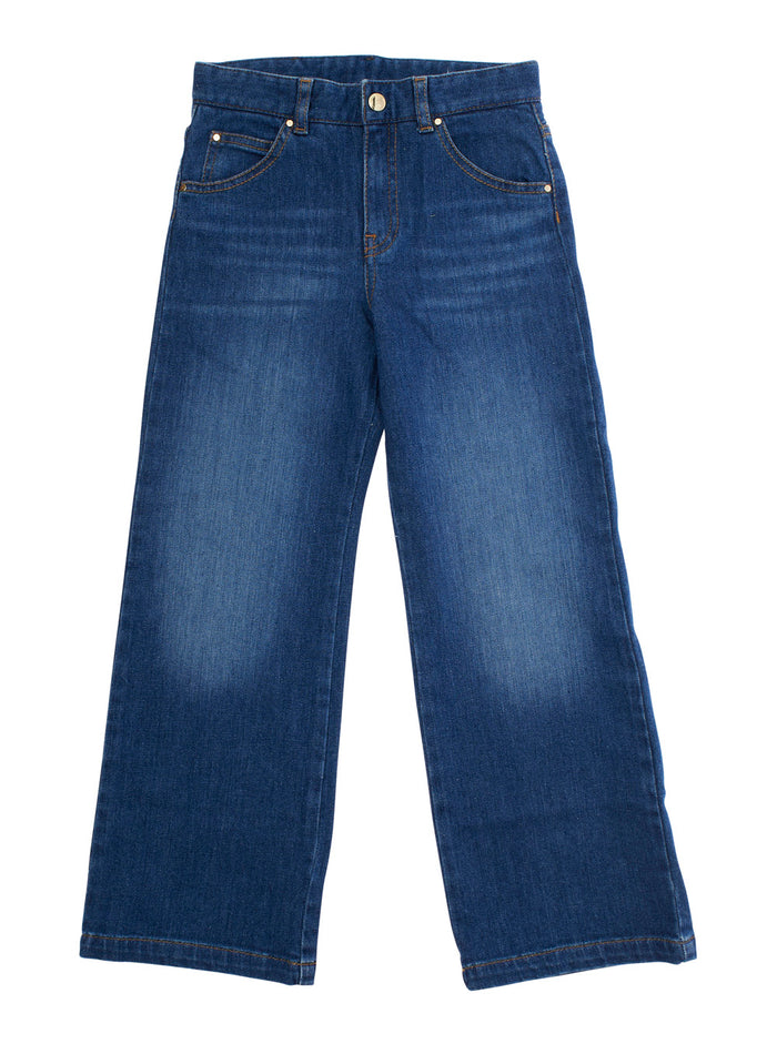 Blue Jeans With Belt Loops And Logo Patch On The Rear Denim Girl Blu Cotton