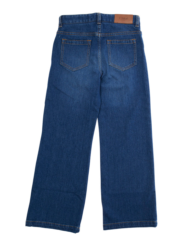 Blue Jeans With Belt Loops And Logo Patch On The Rear Denim Girl Blu Cotton