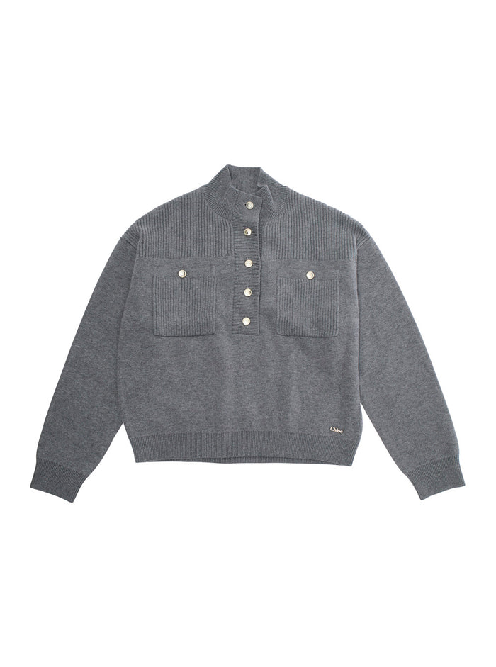Grey Sweater With High Neck And Logo Lettering On The Front Cotton Blend Girl Jersey