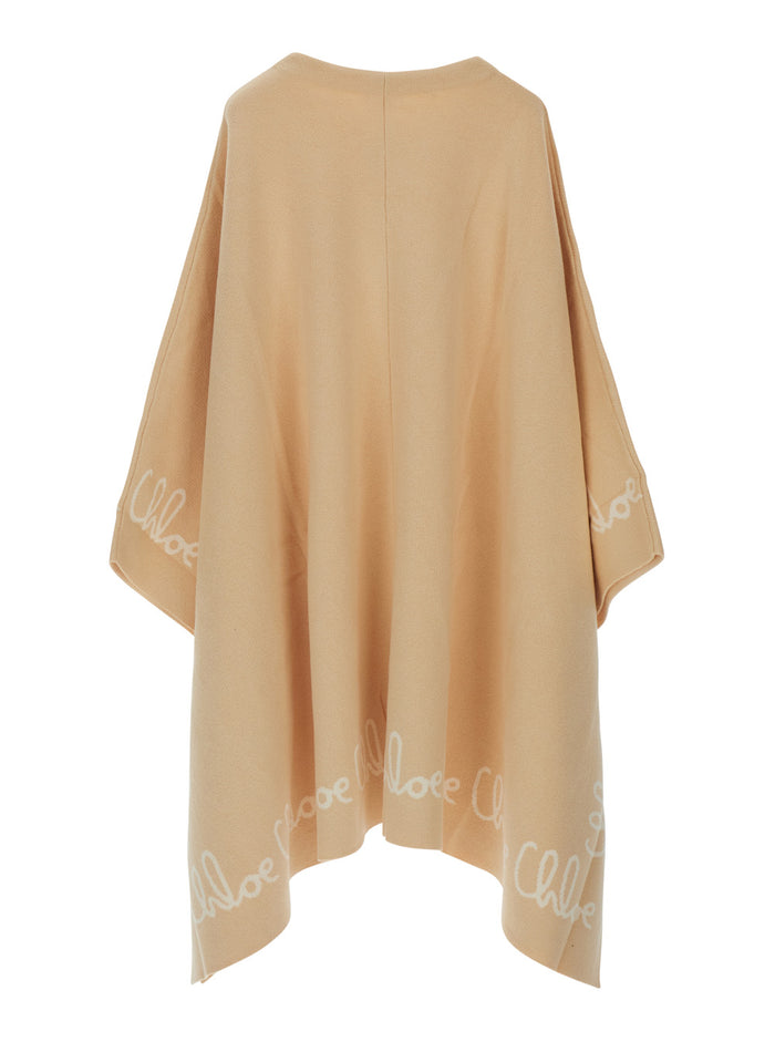 Beige Crew Neck Cape With Logo Lettering On The Edges Cotton Girl