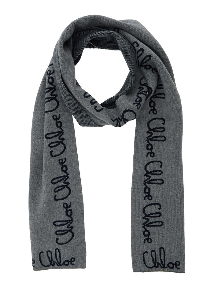 Grey Scarf With Logo Lettering Cotton Blend Girl Scarfs And Foulards