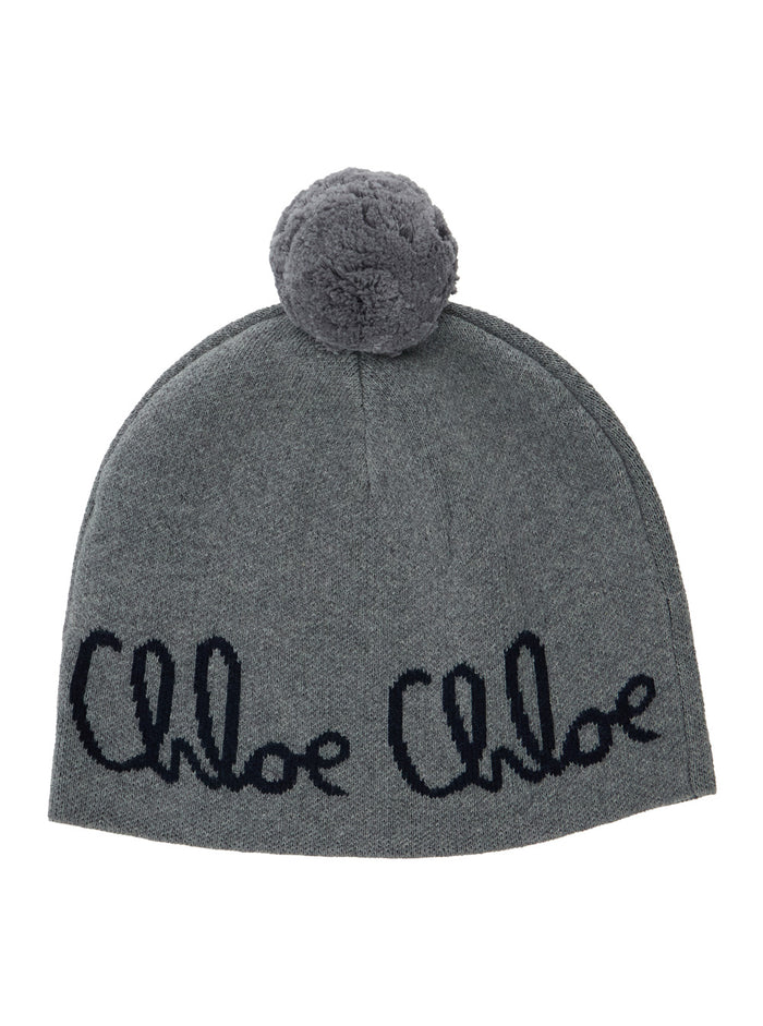 Grey Beanie With Pompon And Logo Lettering Wool Cotton Girl Hats Gloves