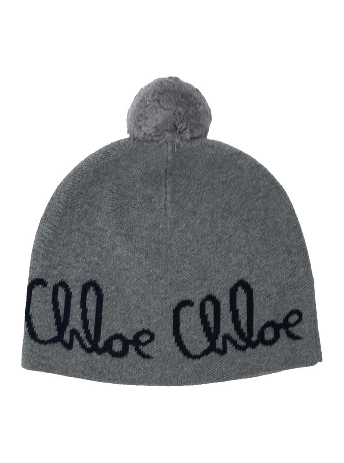 Grey Beanie With Pompon And Logo Lettering Wool Cotton Girl Hats Gloves