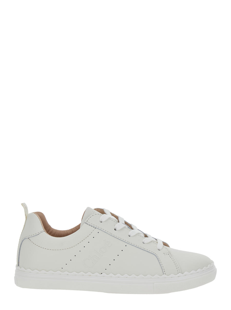 White Low Top Sneakers With Embossed Logo Calf Trainers