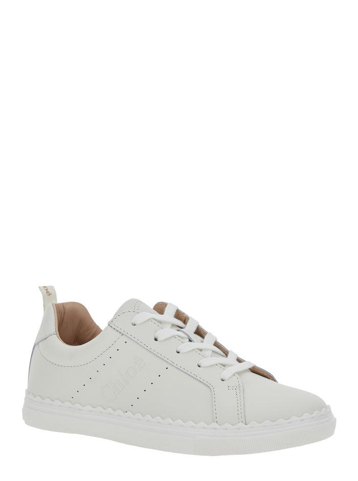 White Low Top Sneakers with Embossed Logo Lettering on the Tongue and Pull-Tab Heel in Leather Girl Calf