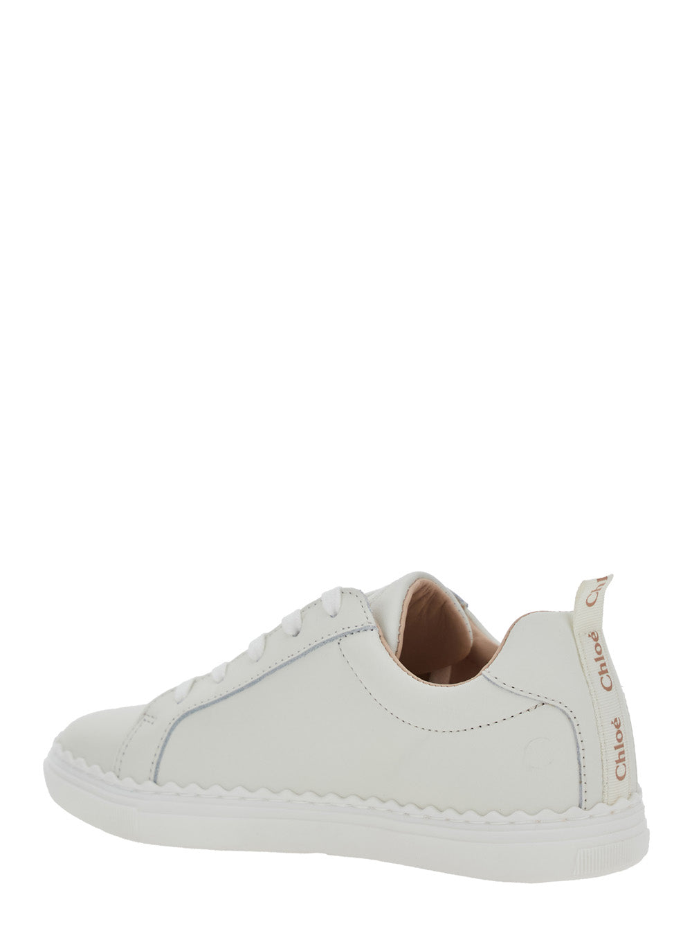 White Low Top Sneakers with Embossed Logo Lettering on the Tongue and Pull-Tab Heel in Leather Girl Calf