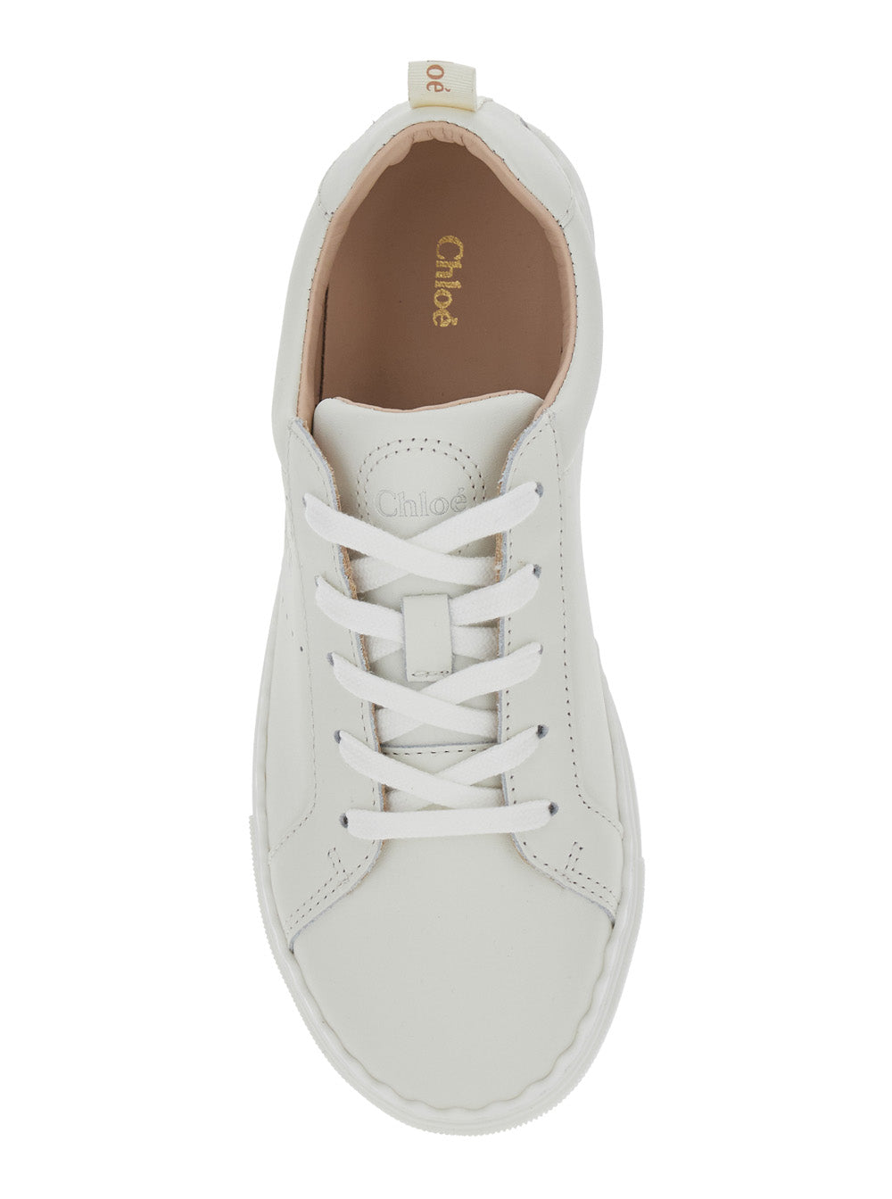 White Low Top Sneakers with Embossed Logo Lettering on the Tongue and Pull-Tab Heel in Leather Girl Calf