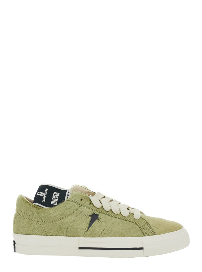 Onestr Acid Green Sneaker With Extended Tongue And Fur Design Leather Unisex Cow