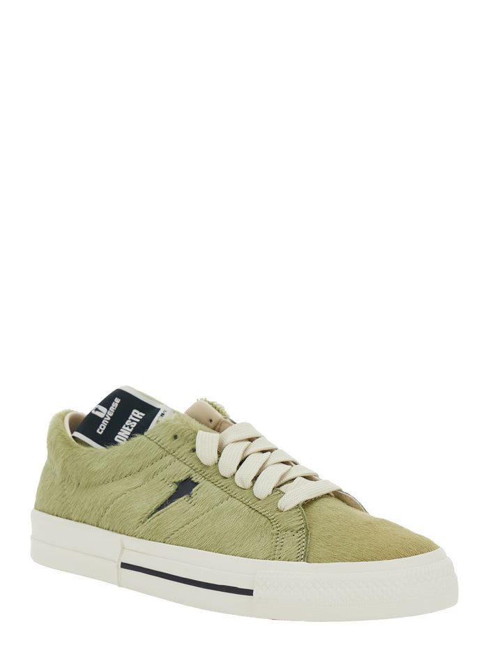 Onestr Acid Green Sneaker With Extended Tongue And Fur Design Leather Unisex Cow
