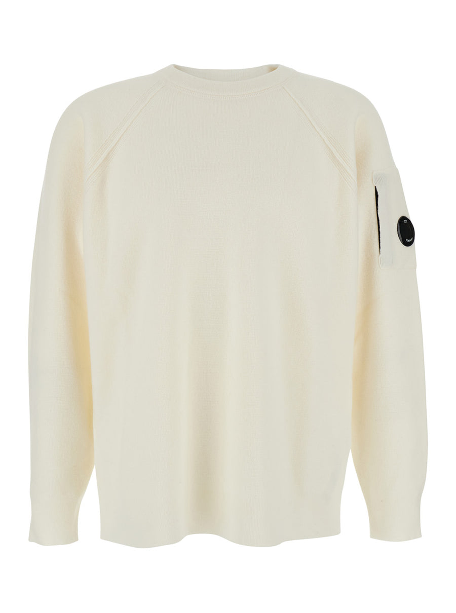 White Crewneck Sweater With Logo Plaque Wool Tops