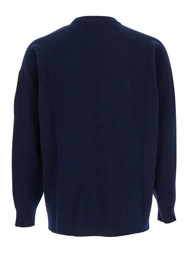 Blue Crew Neck Sweater With Compass Logo Wool Tops