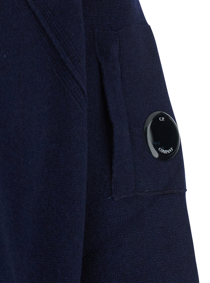 Blue Crew Neck Sweater with Compass Logo on Sleeve in Wool Blend Man Blu Polyamide Jersey