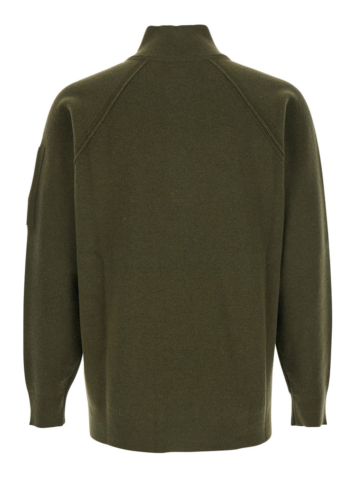Green Turtleneck Sweater with Logo Plaque on the Sleeve in Wool Man Polyamide Jersey