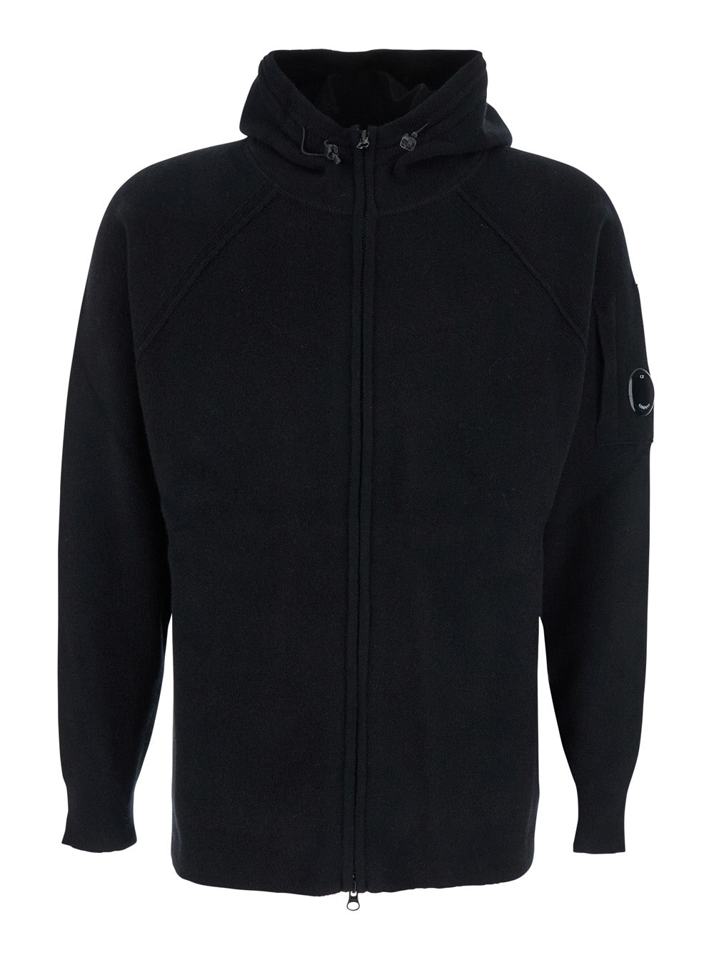 Black Cardigan with Drawstring Hood and Logo Plaque on the Sleeve in Wool Blend Man Polyamide Jersey