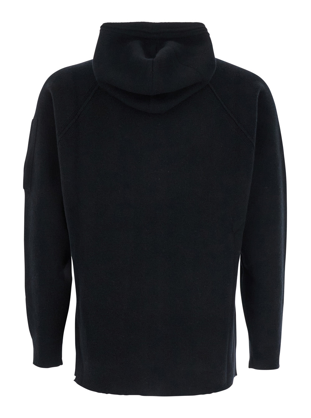 Black Cardigan with Drawstring Hood and Logo Plaque on the Sleeve in Wool Blend Man Polyamide Jersey