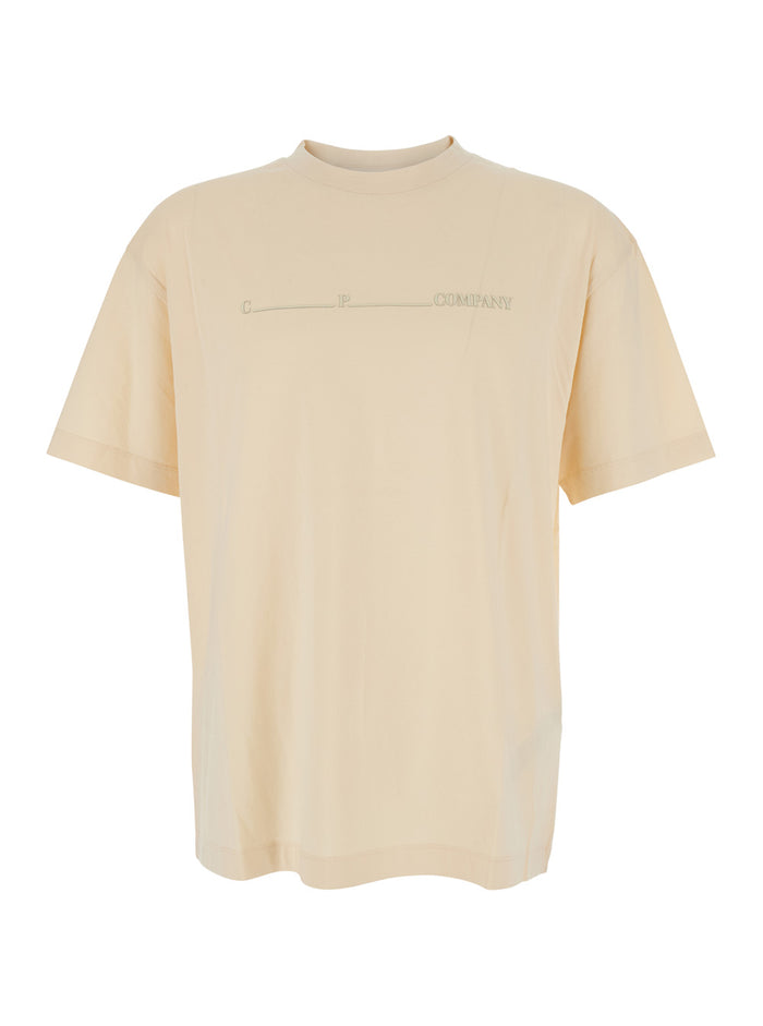 Beige T-Shirt with Logo on the Front in Cotton Man Tshirts And Polo Shirts