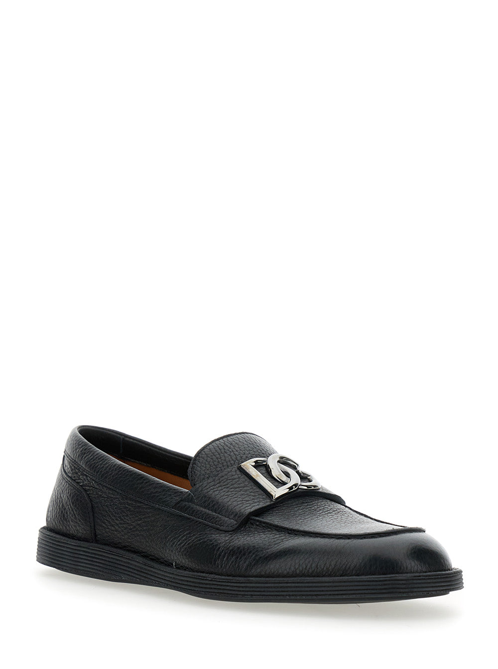 Florio Black Loafers with DG Plaque on the Front in Grained Leather Man Deer