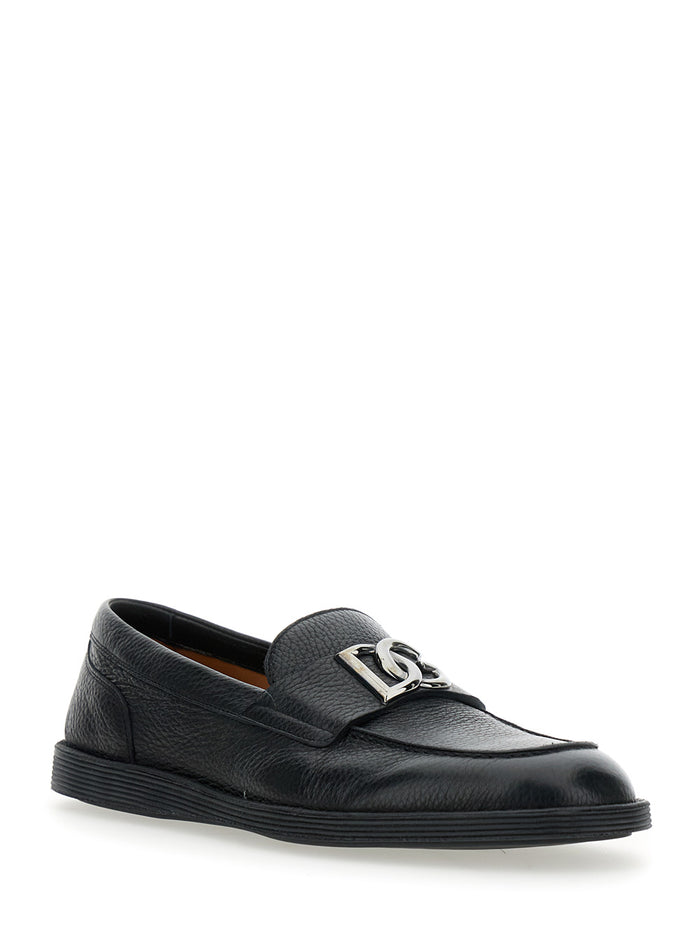 Florio Black Loafers with DG Plaque on the Front in Grained Leather Man Deer