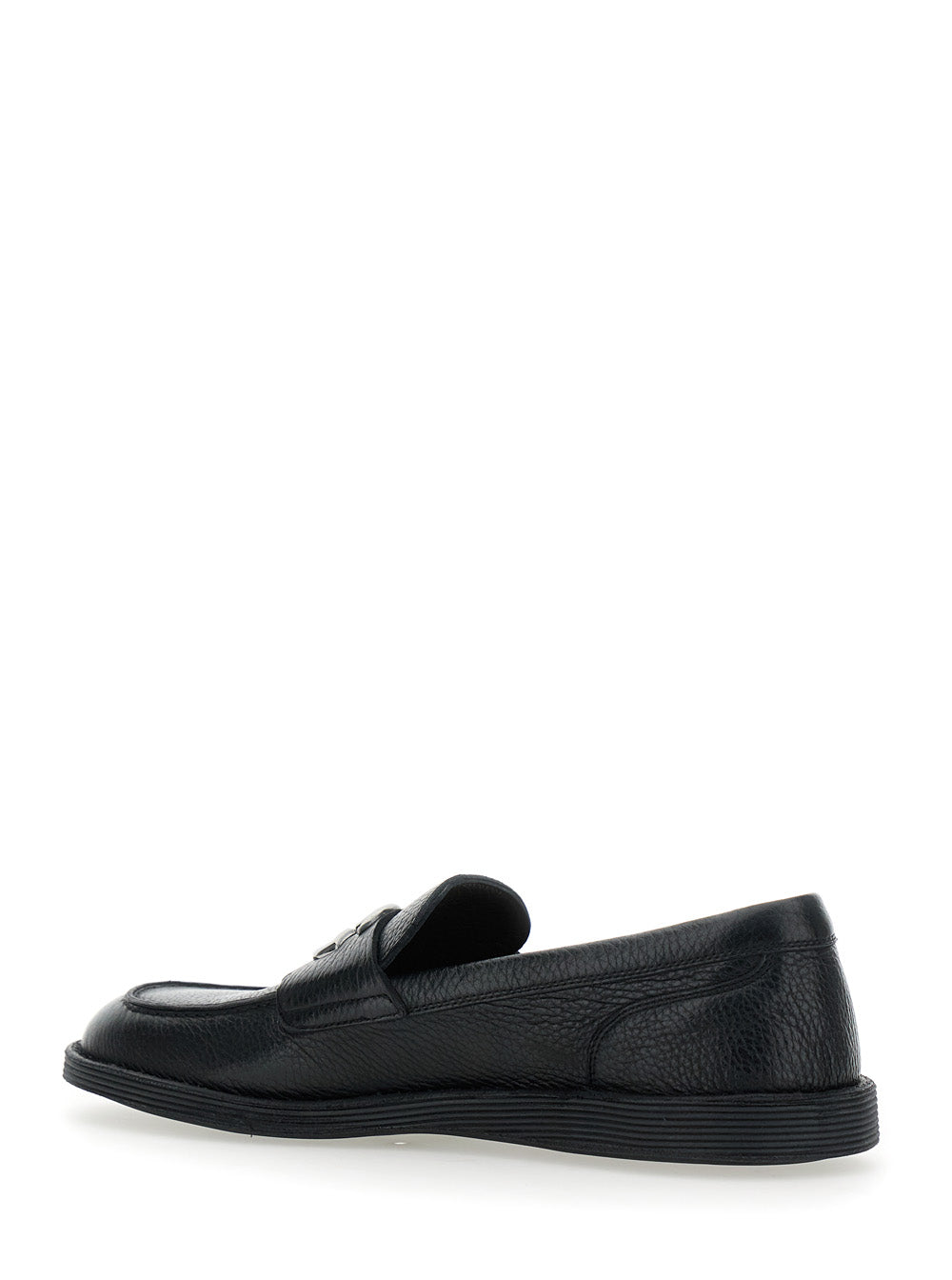 Florio Black Loafers with DG Plaque on the Front in Grained Leather Man Deer