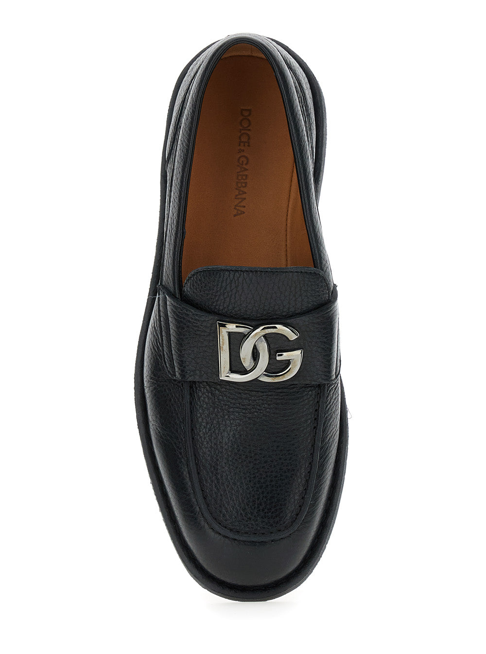 Florio Black Loafers with DG Plaque on the Front in Grained Leather Man Deer